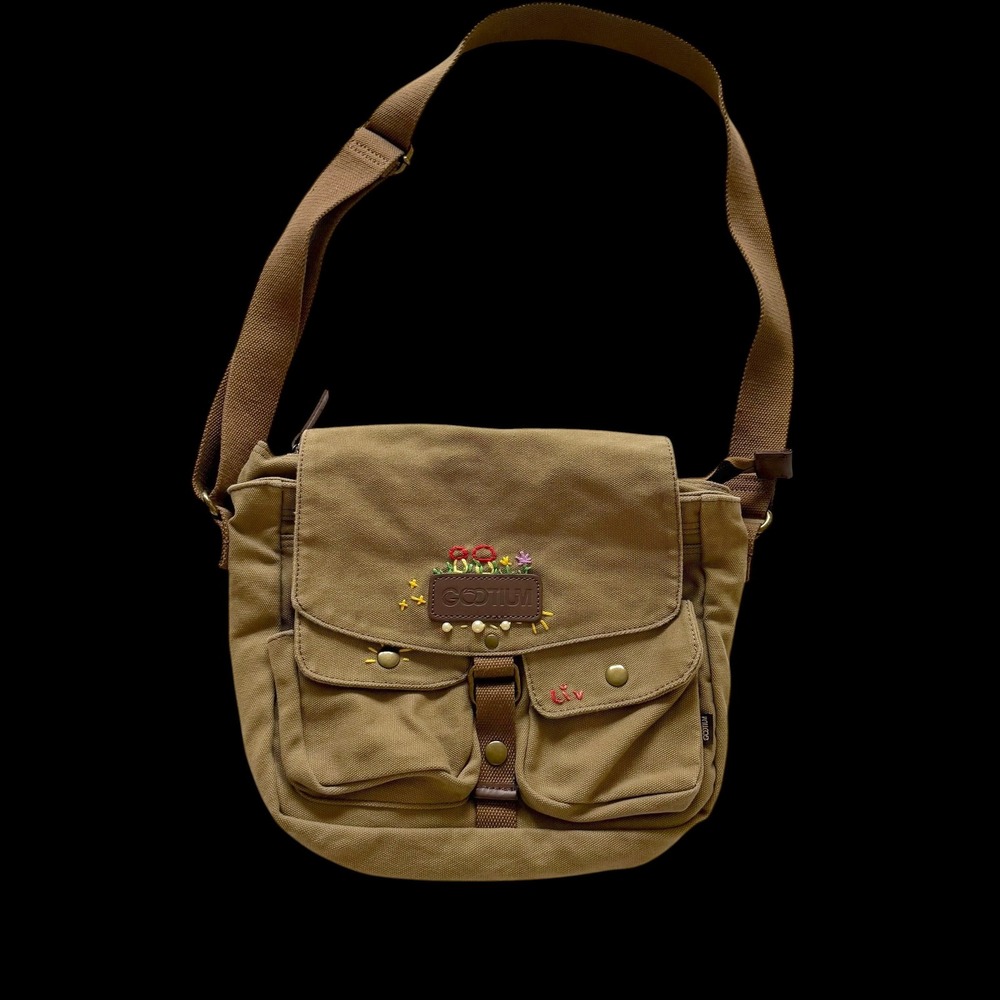 Gootium Canvas Messenger Bag Embroidered Floral Khaki Brown Crossbody Satchel